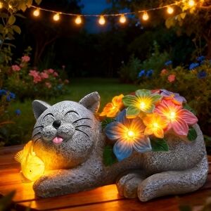 Solar Garden Outdoor Statues Cat Figurine Lights Yard Decorations